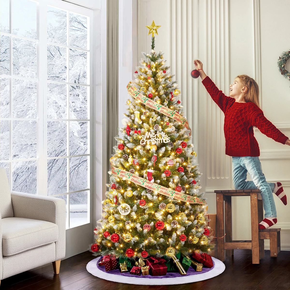 Prelit Slim Pencil Christmas Tree With Flocked Branches And Pinecones