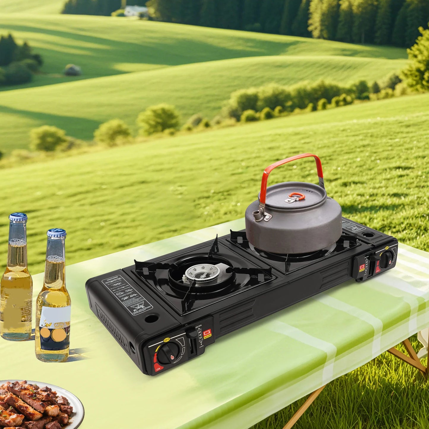 Portable 2500W Camping Stove With Two Burners And Baking Tray