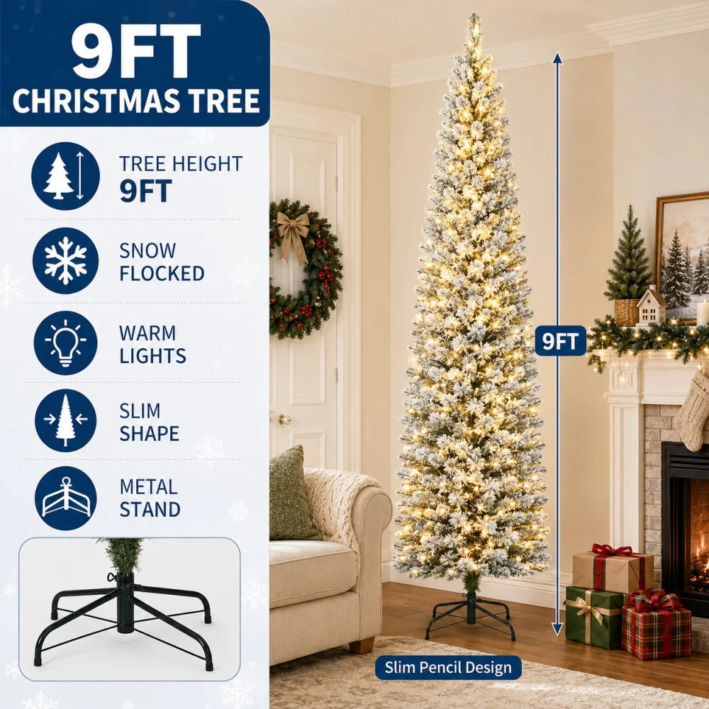 Snow Flocked Slim Prelit Christmas Tree With Warm Lights