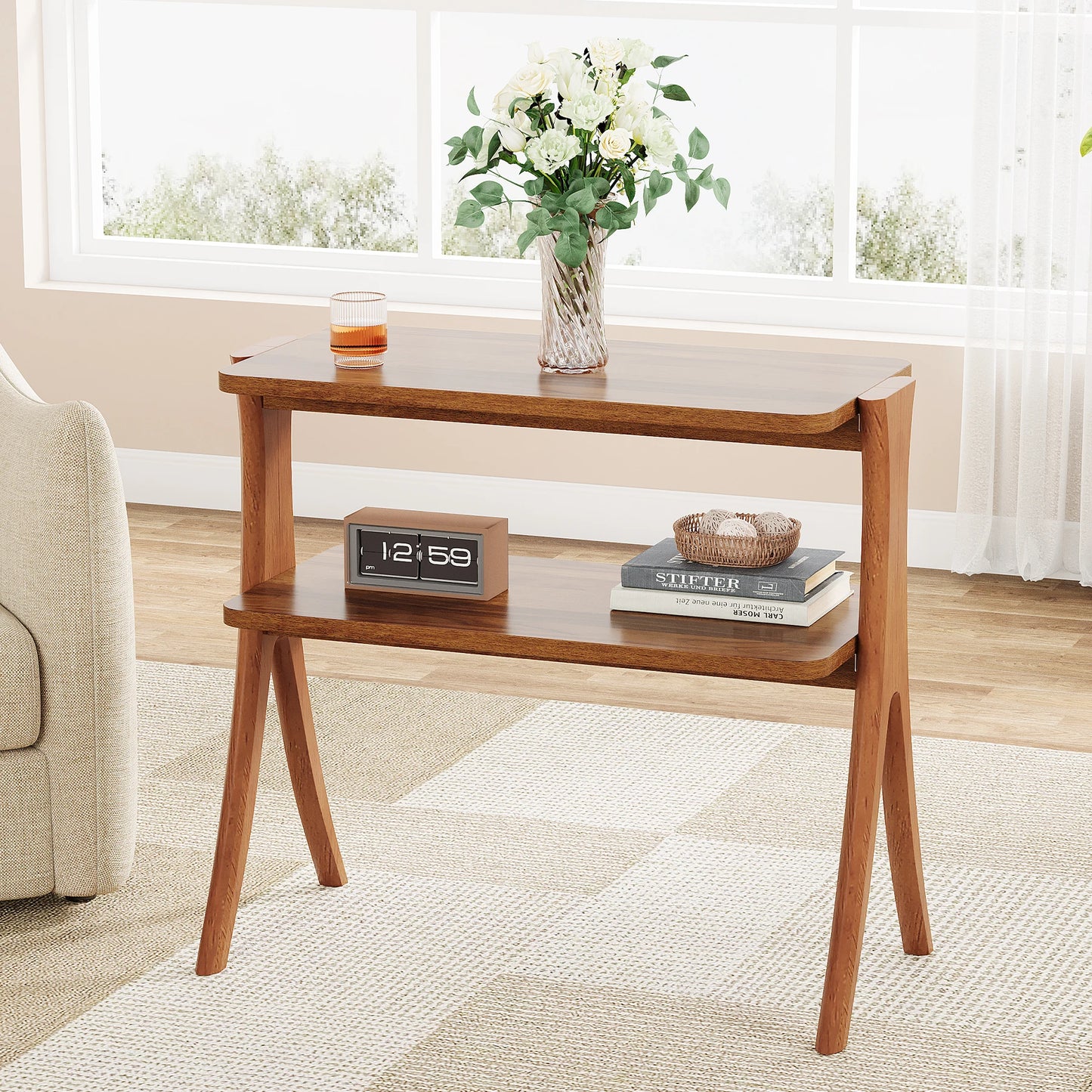 Tribesigns Walnut Side Table With 2-Tier Storage And Wood Legs