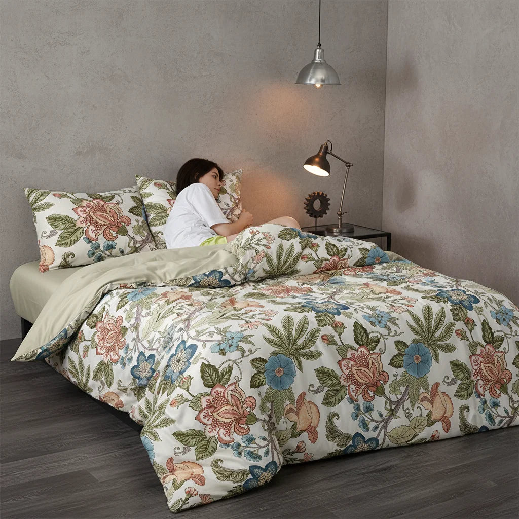 Floral Print Polyester Duvet Cover Set Zipper Closure With Pillowcase