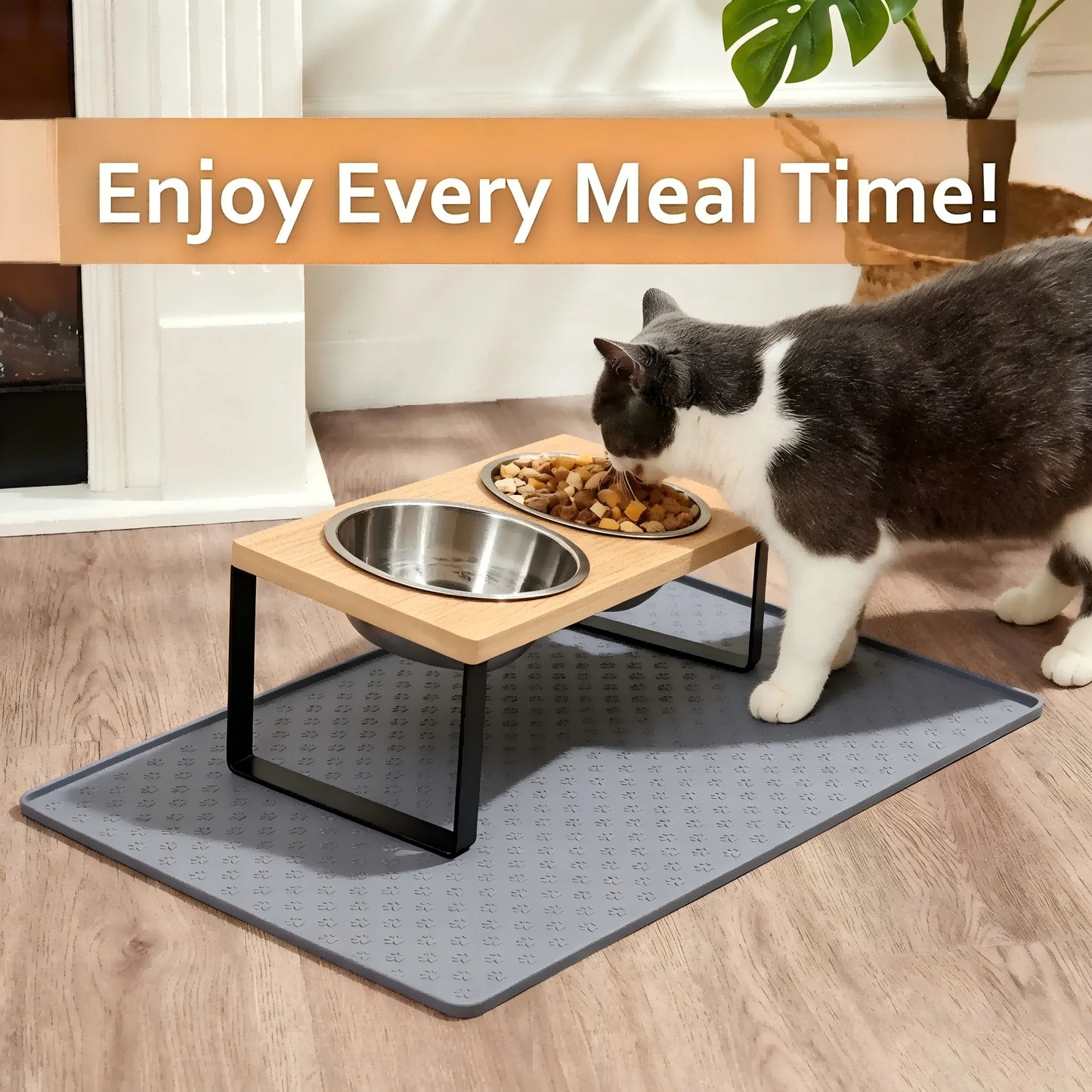 Elevated Tilted Cat Bowls With Wooden Stand And Stainless Steel