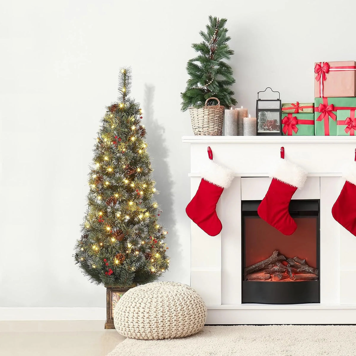 Prelit Christmas Tree With LED Lights And Antique Urn Base