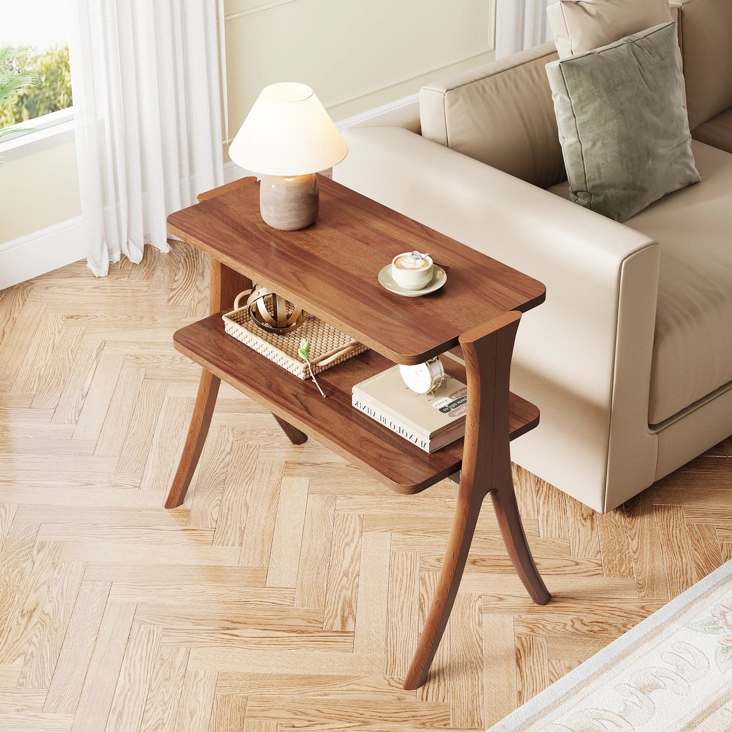 Tribesigns Walnut Side Table With 2-Tier Storage And Wood Legs