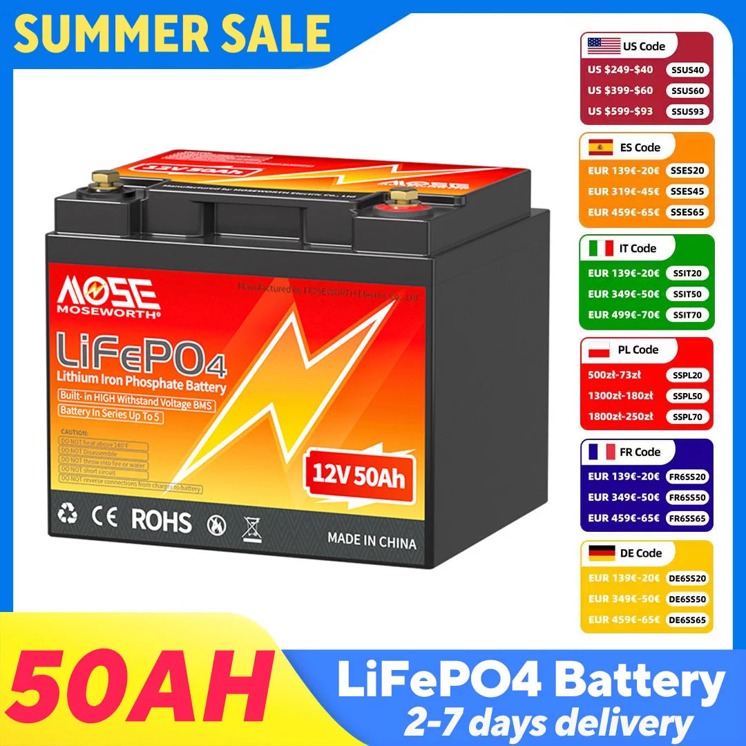 Moseworth 12V 50Ah LiFePO4 Battery With 50A BMS Deep Cycle