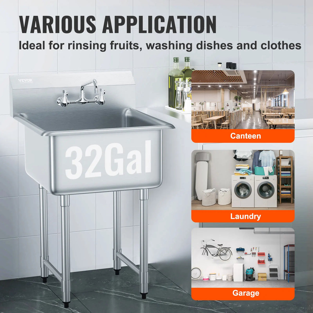SucceBuy Stainless Steel Single Bowl Commercial Prep Sink With Faucet