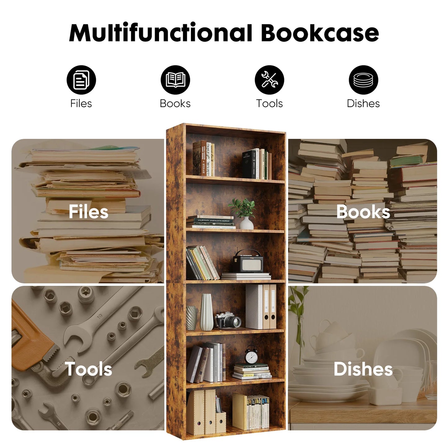 JHK 6-Tier Wooden Bookcase Floor Standing Open Bookshelf