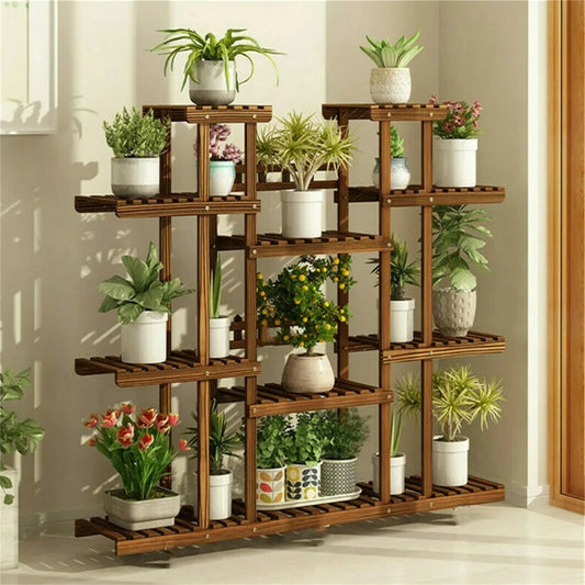 11 Tier Wood Plant Stand Carbonized Display Shelf For Garden