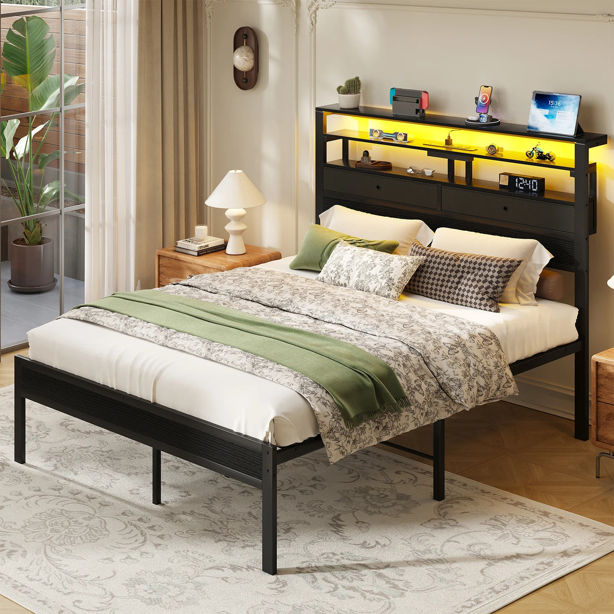 JHK Metal Platform Bed Frame With LED Lights And Storage