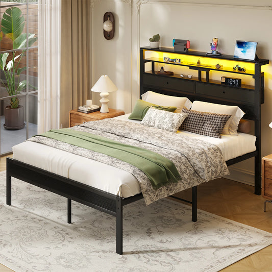 JHK Metal Platform Bed Frame With LED Lights And Storage