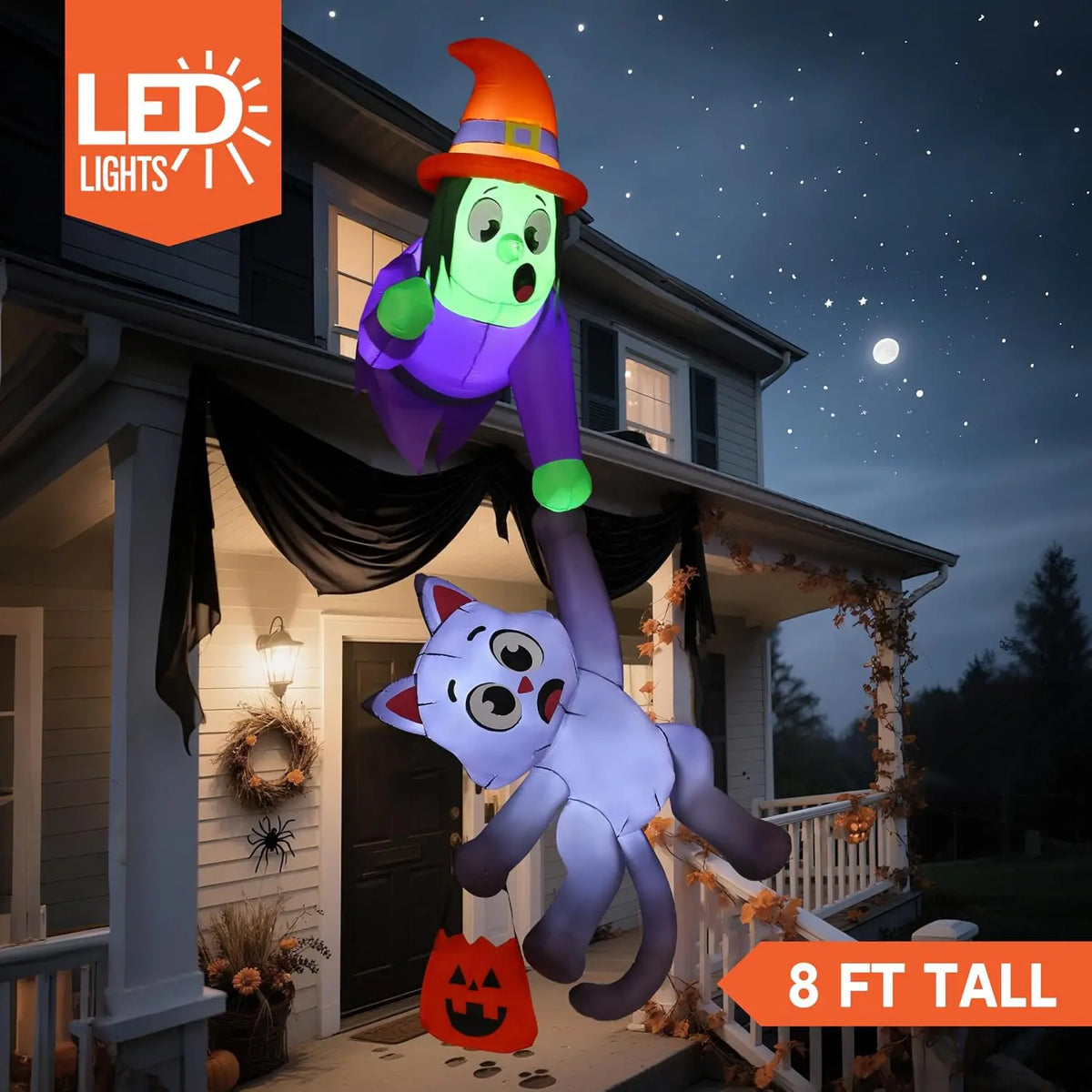 Halloween Witch Black Cat Inflatable Roof Decoration With LED Lights