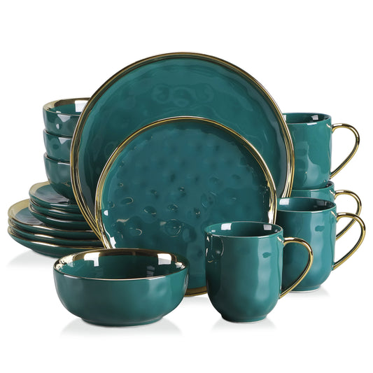 Malacasa Green 16 Piece Ceramic Dinnerware Set With Gold Trim