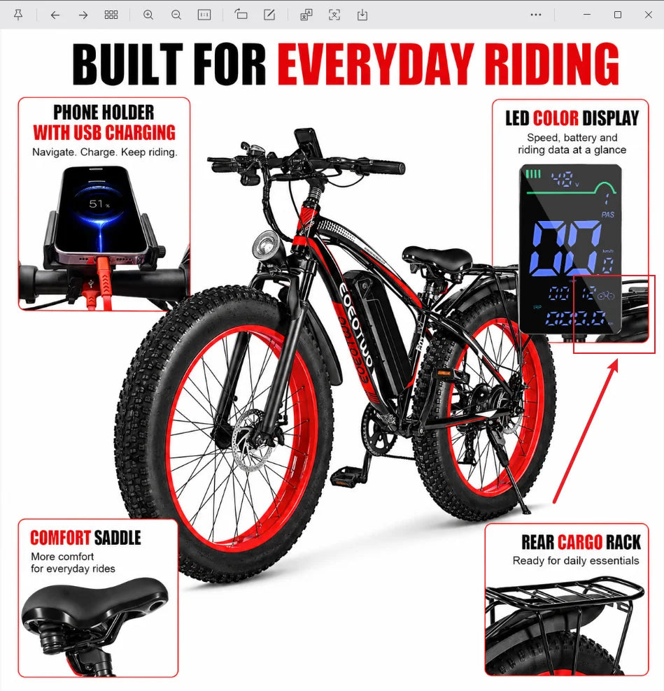 EOEOTWO 1500W All Terrain Electric Mountain Bike Dual Disc Brakes