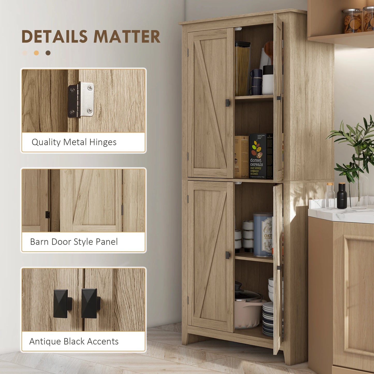 Freestanding Farmhouse Kitchen Pantry Cabinet With 4 Doors Adjustable Shelves
