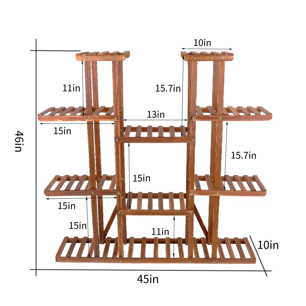 11 Tier Wood Plant Stand Carbonized Display Shelf For Garden