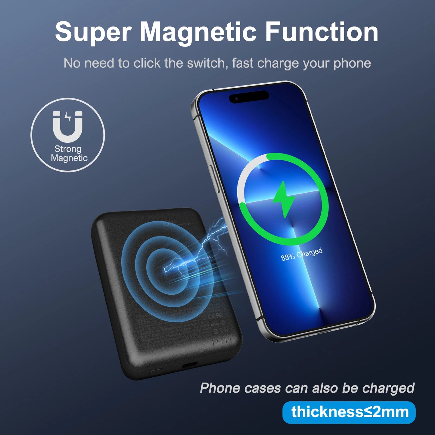 Portable 5000 mAh Wireless Magnetic Power Bank With Usb C Cable
