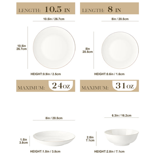 Malacasa Bone China Nordic White Dinnerware Set With Golden Rim