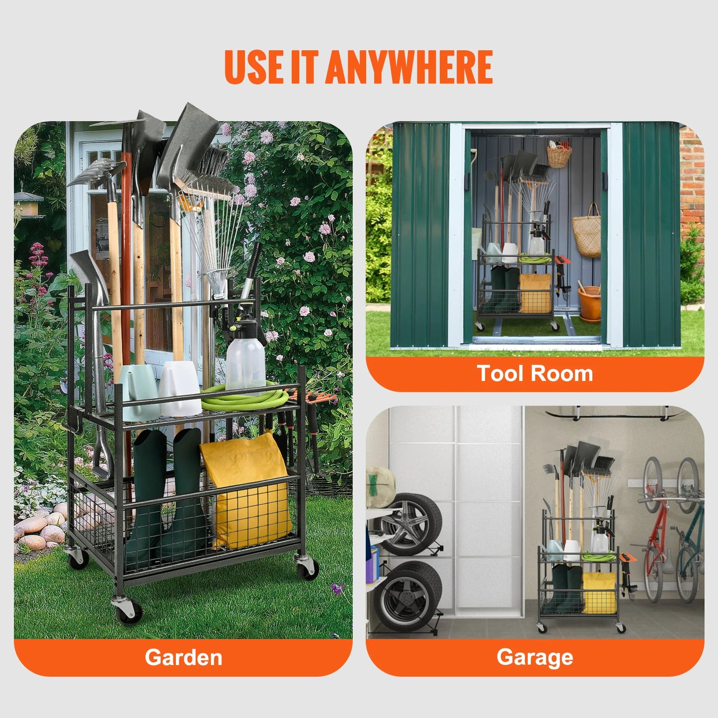 Garden Tool Organizer Rack With Hooks And Wheels For Garage Storage