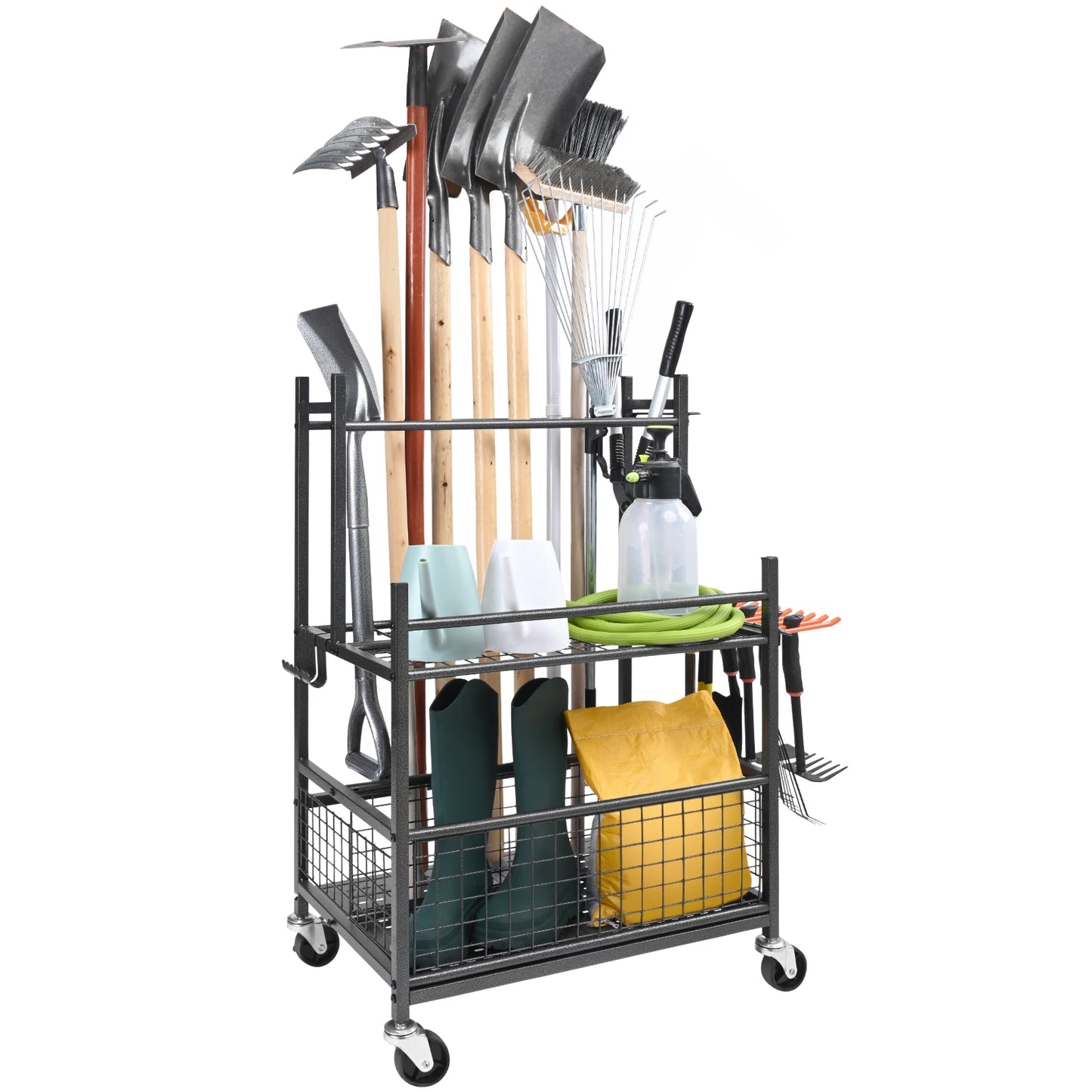 Garden Tool Organizer Rack With Hooks And Wheels For Garage Storage