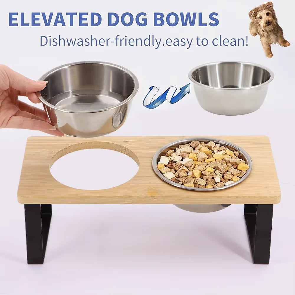 Elevated Tilted Cat Bowls With Wooden Stand And Stainless Steel