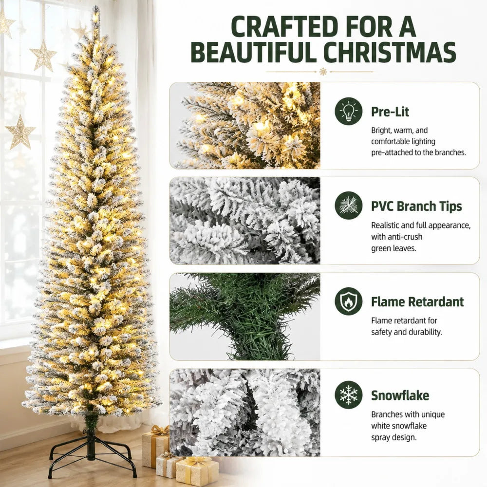 Snow Flocked Slim Prelit Christmas Tree With Warm Lights