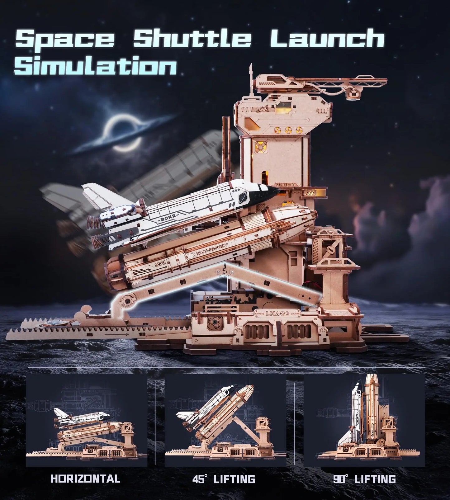 Robotime Space Shuttle 3D Wooden Puzzle With LED Lights And Moving Parts