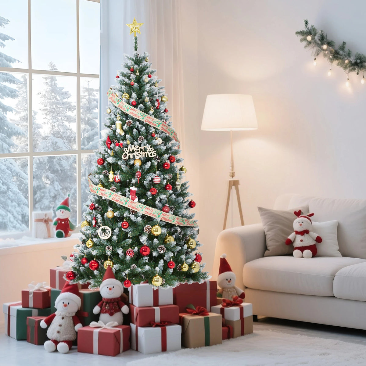Prelit Slim Pencil Christmas Tree With Flocked Branches And Pinecones