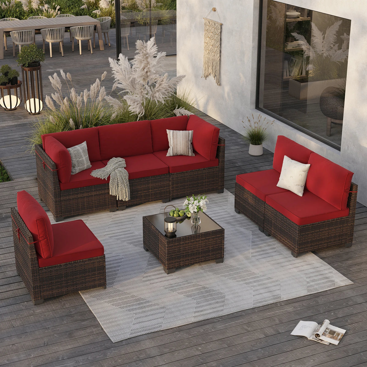 7 Piece Outdoor Rattan Patio Furniture Conversation Set Sectional