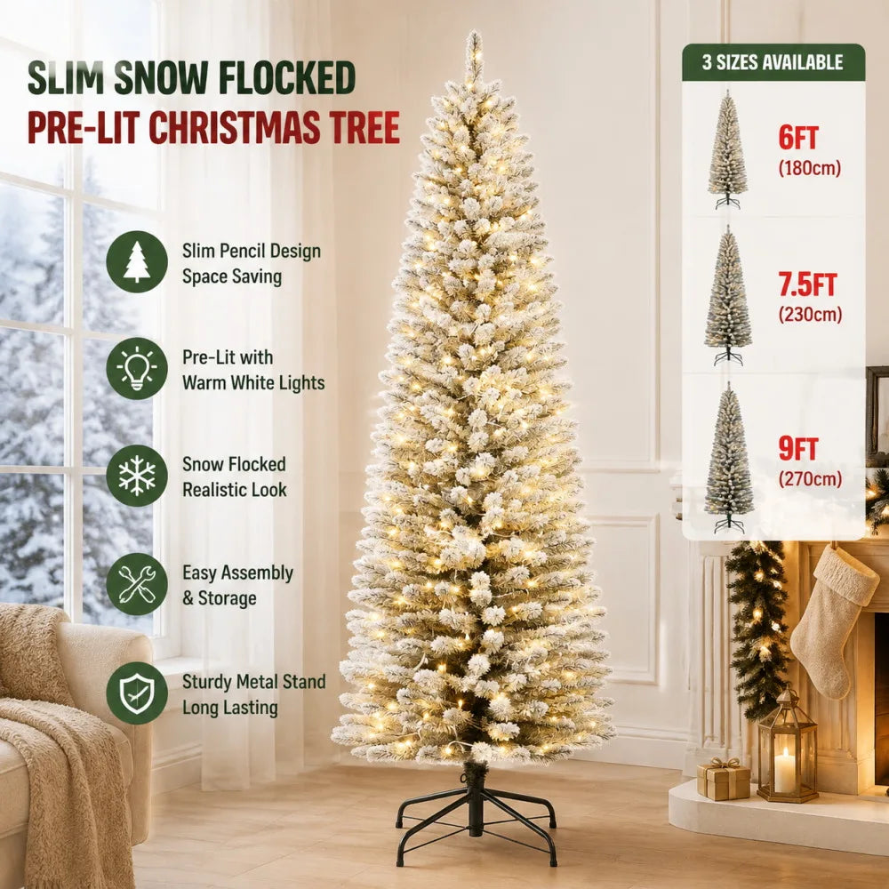Snow Flocked Slim Prelit Christmas Tree With Warm Lights