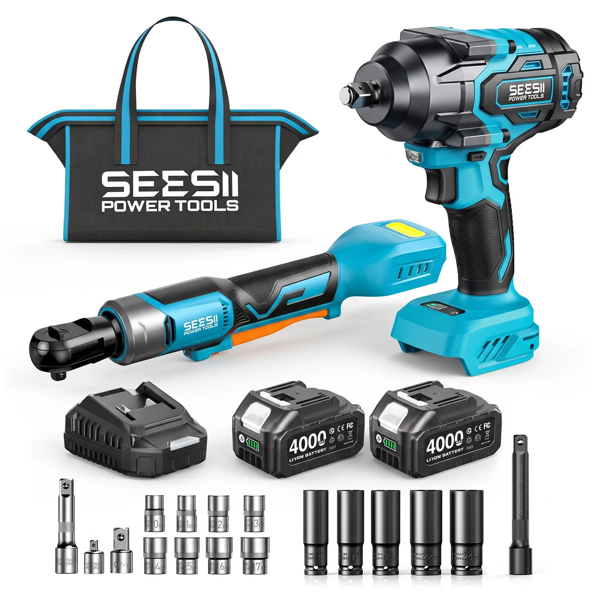 Seesii Cordless Brushless Impact Wrench And Ratchet Tool Kit