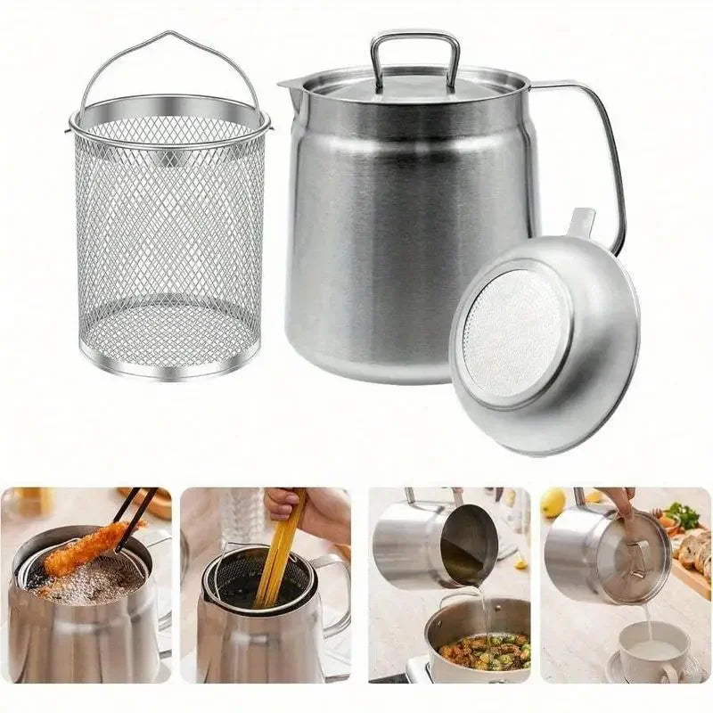 Stainless Steel Fryer Pot With Strainer Basket And Oil Filter