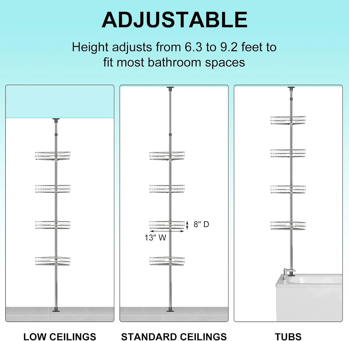 Four Layer Stainless Steel Bathroom Corner Shower Tension Pole Rack