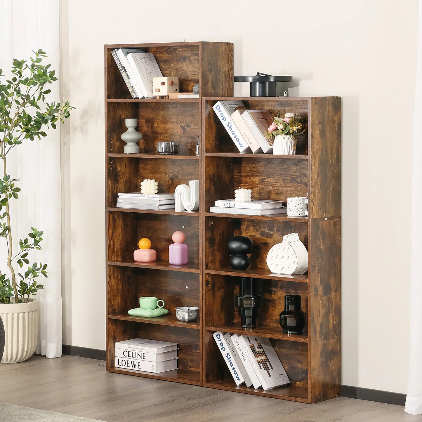 JHK 6-Tier Wooden Bookcase Floor Standing Open Bookshelf