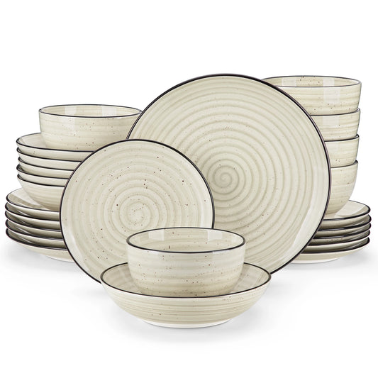 Malacasa Beige Ceramic Dinnerware Set Handpainted Spiral Pattern For Six