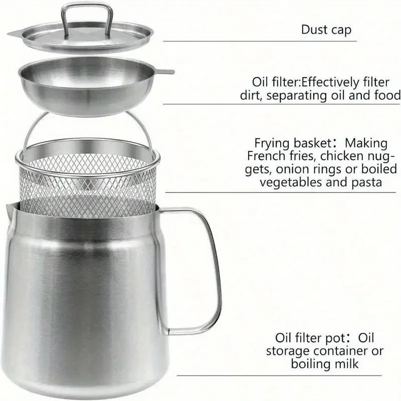 Stainless Steel Fryer Pot With Strainer Basket And Oil Filter