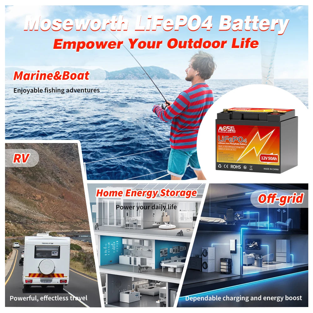 Moseworth 12V 50Ah LiFePO4 Battery With 50A BMS Deep Cycle