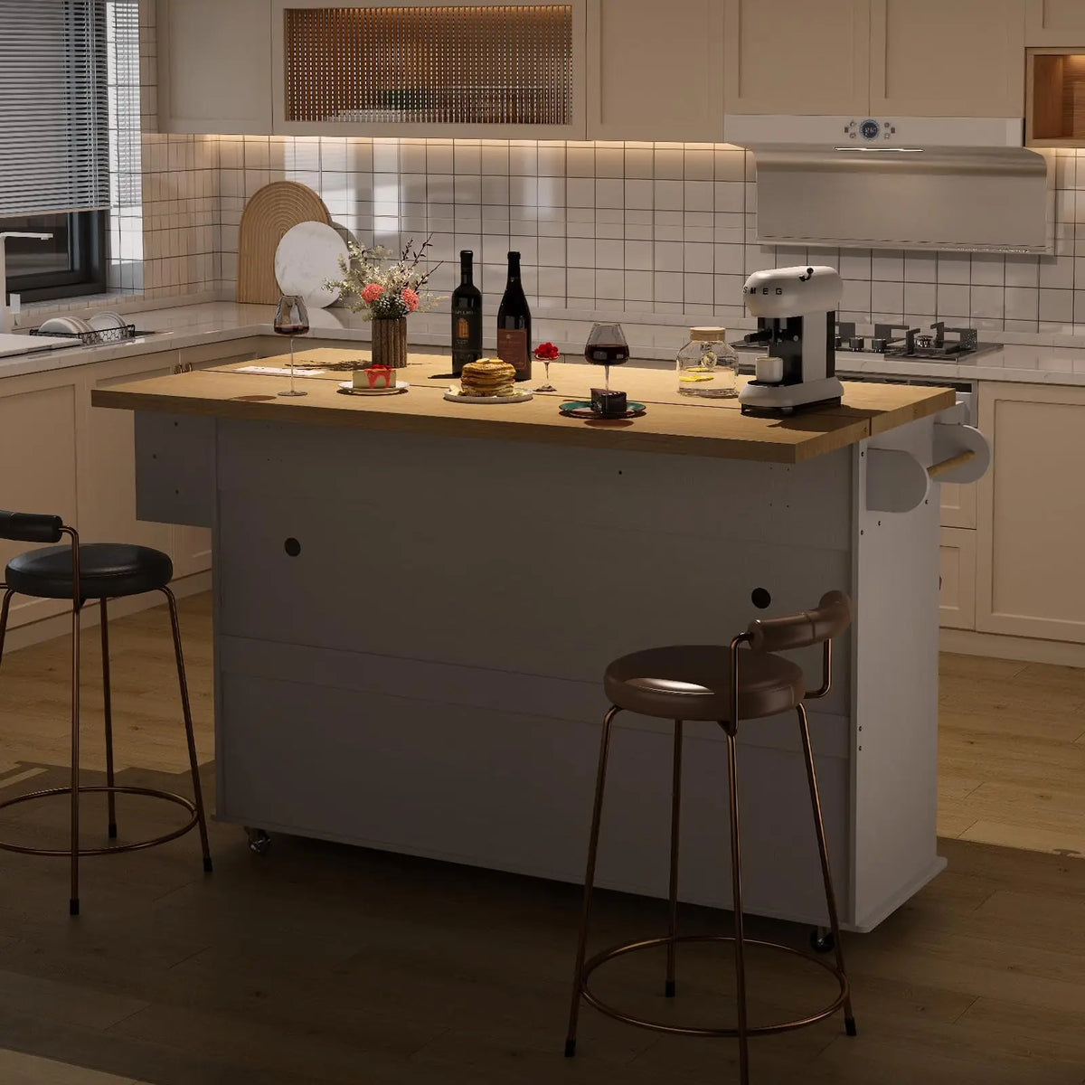 Onbrill Wood Mobile Kitchen Island With Power Outlet Rack