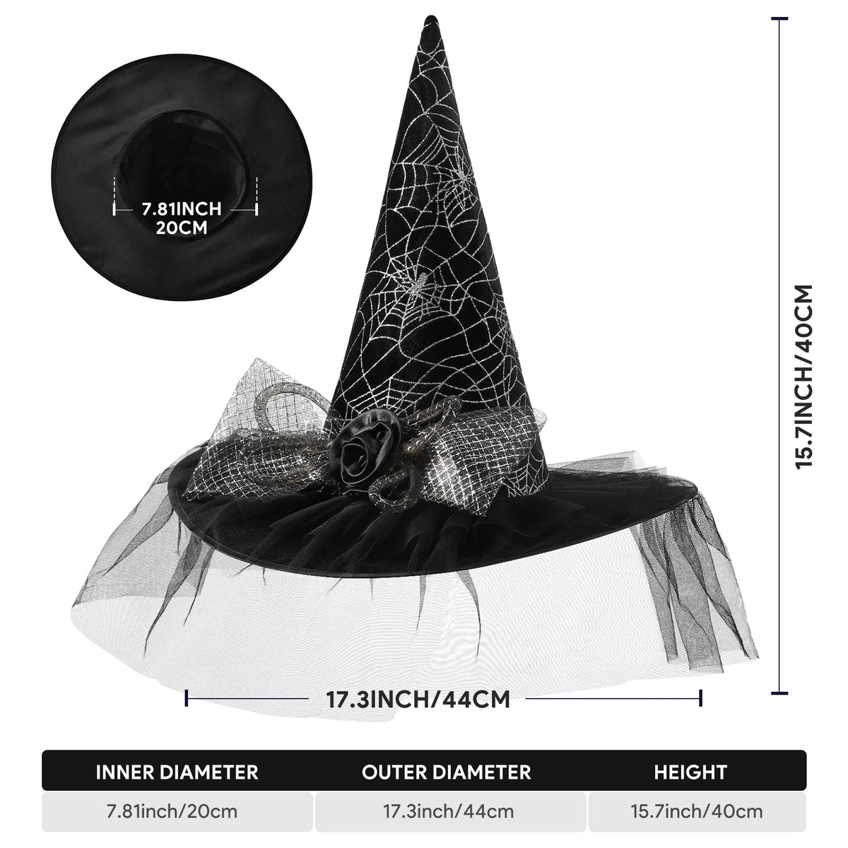 Womens Halloween Witch Hat with Lace Feather and LED Decor