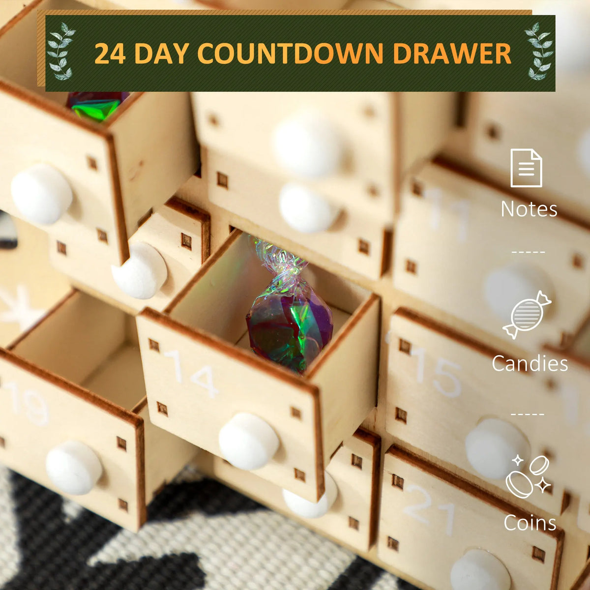 HOMCOM Wooden Christmas Advent Calendar With 24 Countdown Drawers