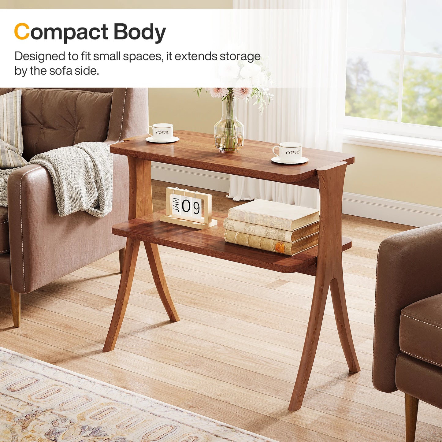 Tribesigns Walnut Side Table With 2-Tier Storage And Wood Legs