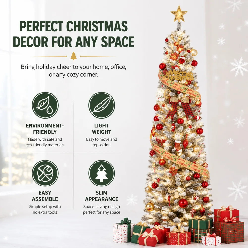 Snow Flocked Slim Prelit Christmas Tree With Warm Lights