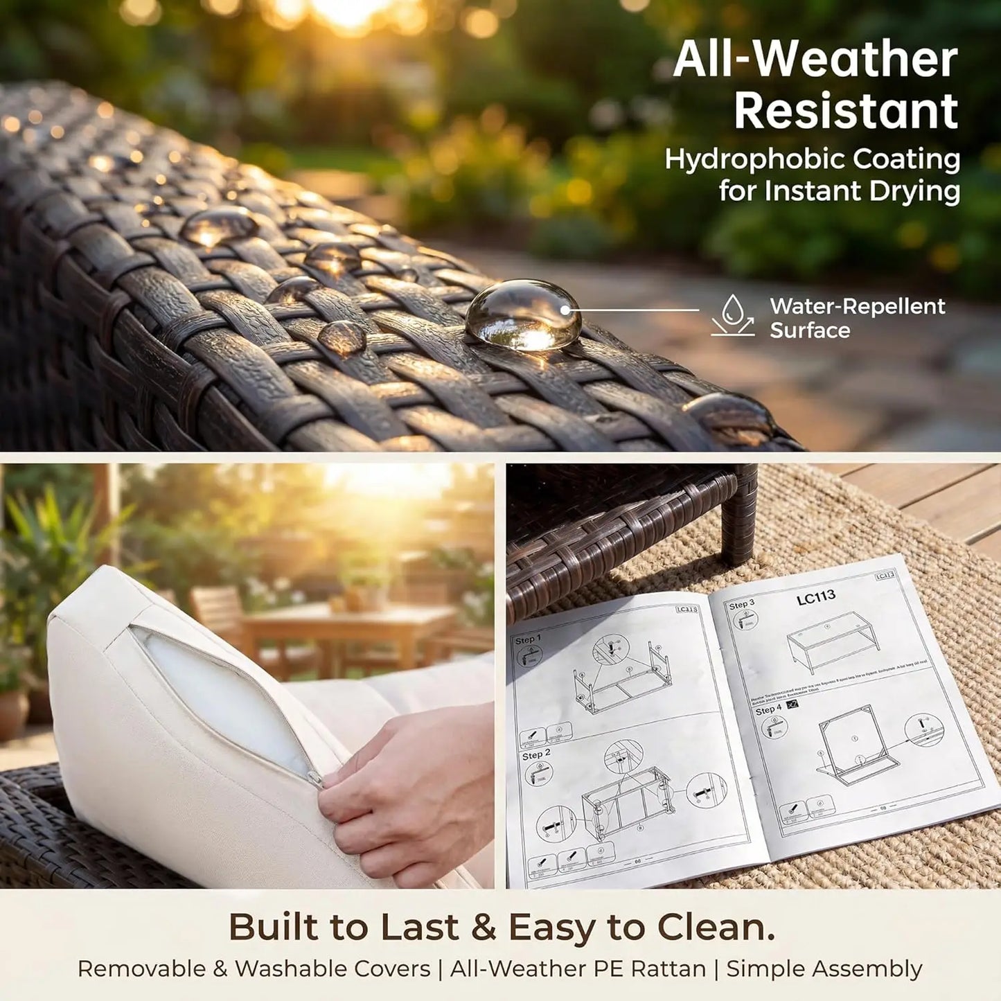 All-Weather Outdoor Patio Rattan Conversation Set With Glass Coffee Table