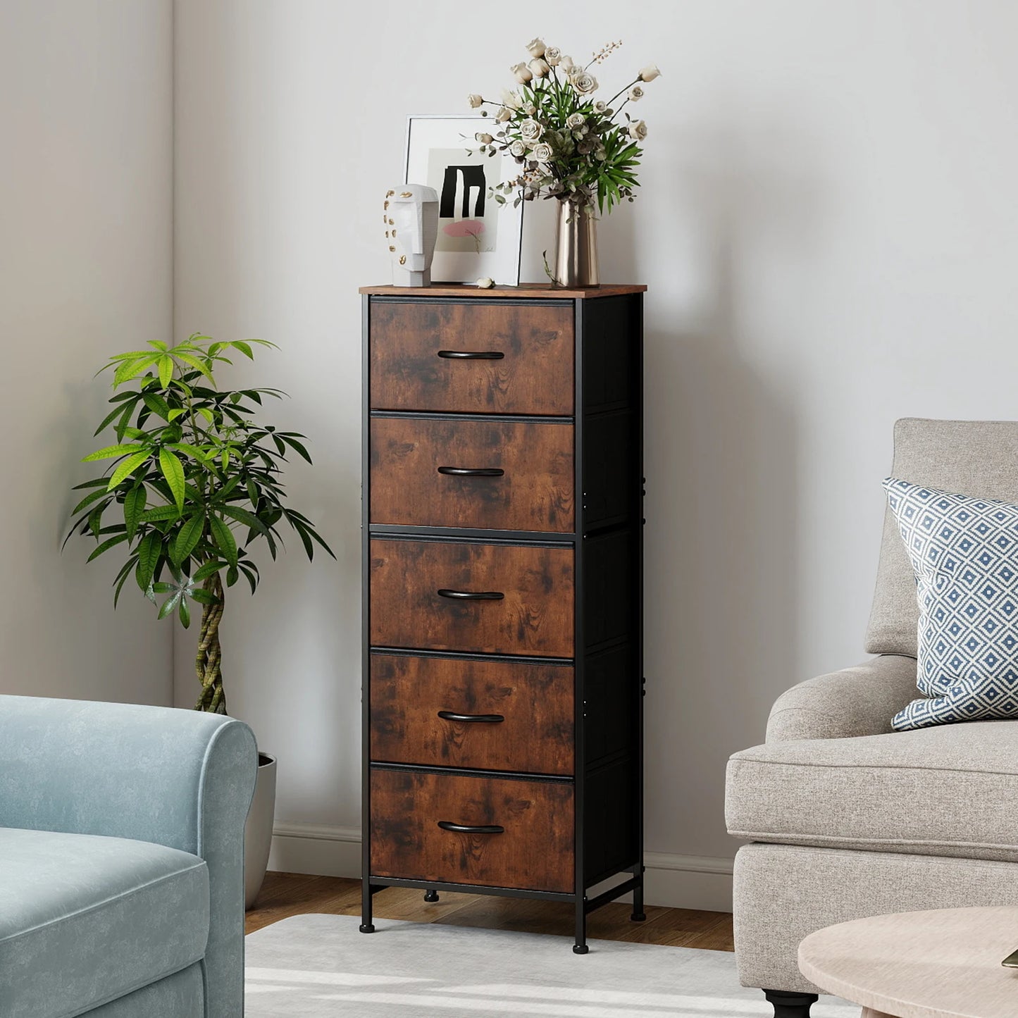 JHK Five Drawer Fabric Cabinet For Living Room Storage