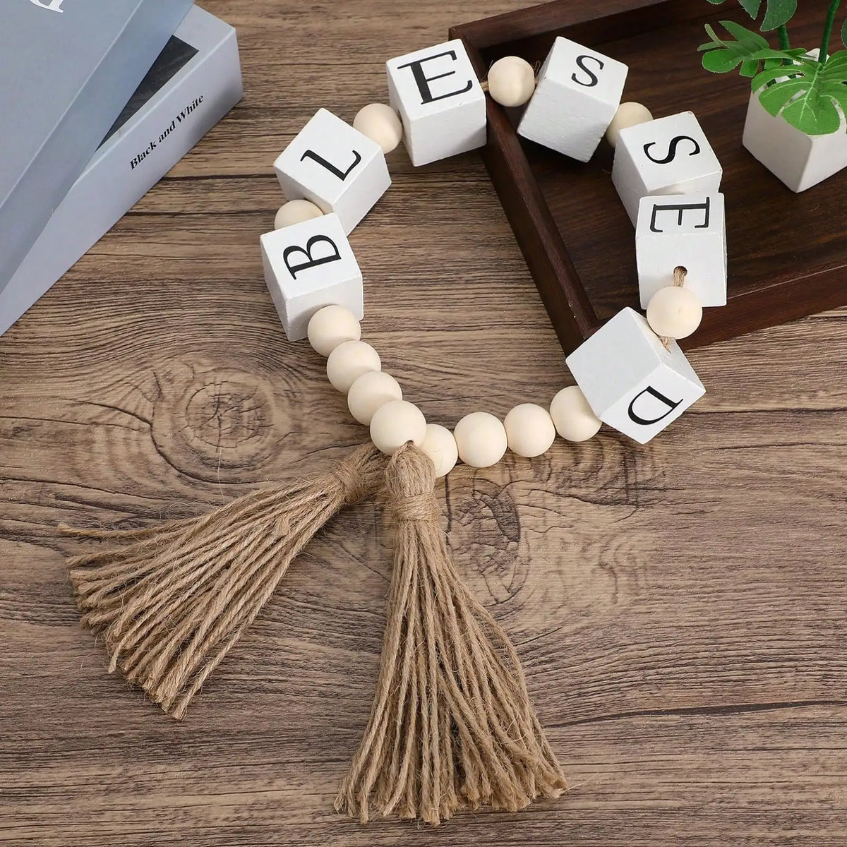 Wood Letter Block Bead Garland With Tassels For Farmhouse Decor