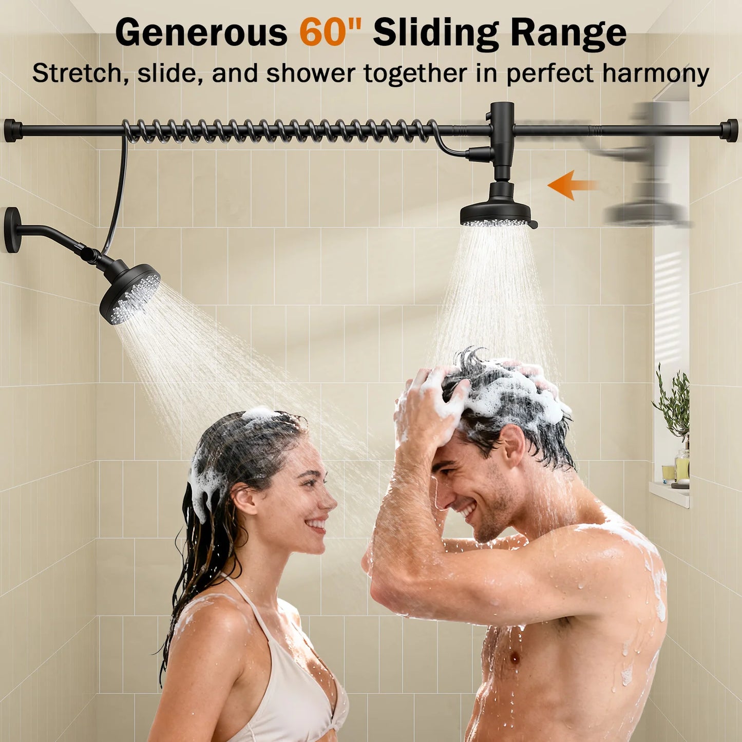 Tandem Double Shower Head For Couples With Adjustable Slider