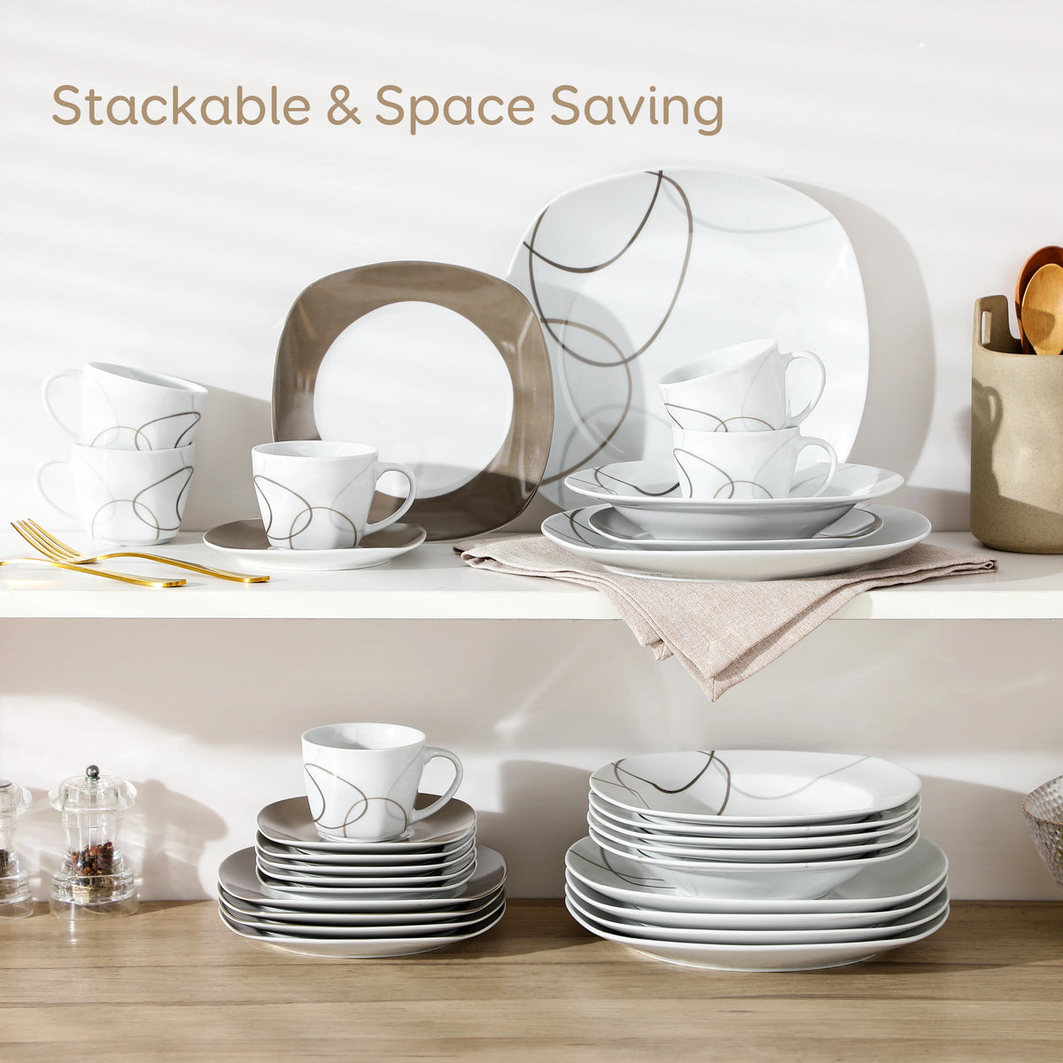 MALACASA Porcelain Ceramic Dinner Plate Set With Cups And Saucers
