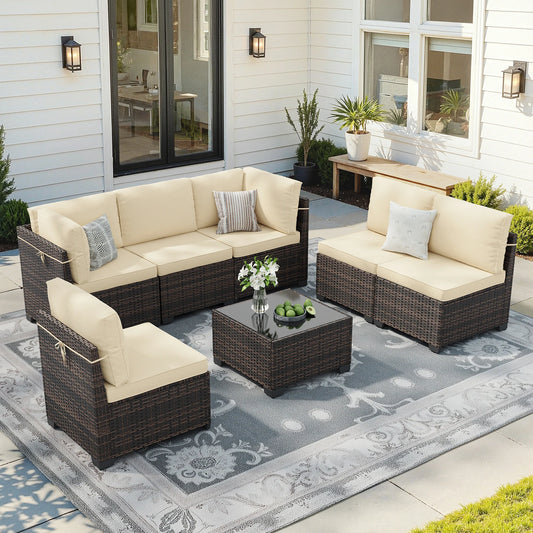7 Piece Outdoor Rattan Patio Furniture Conversation Set Sectional