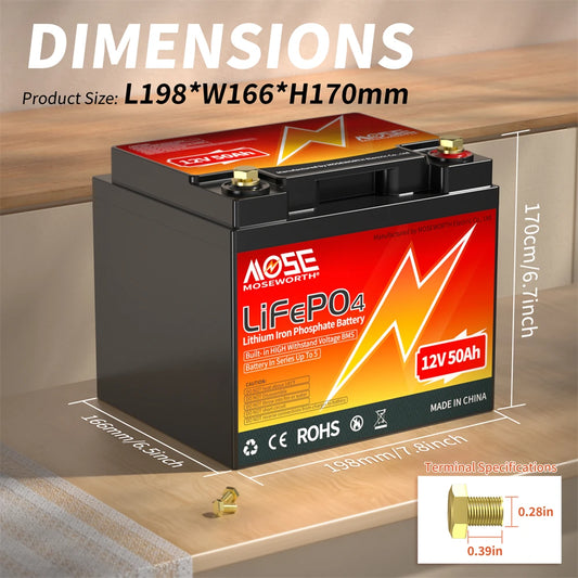 Moseworth 12V 50Ah LiFePO4 Battery With 50A BMS Deep Cycle