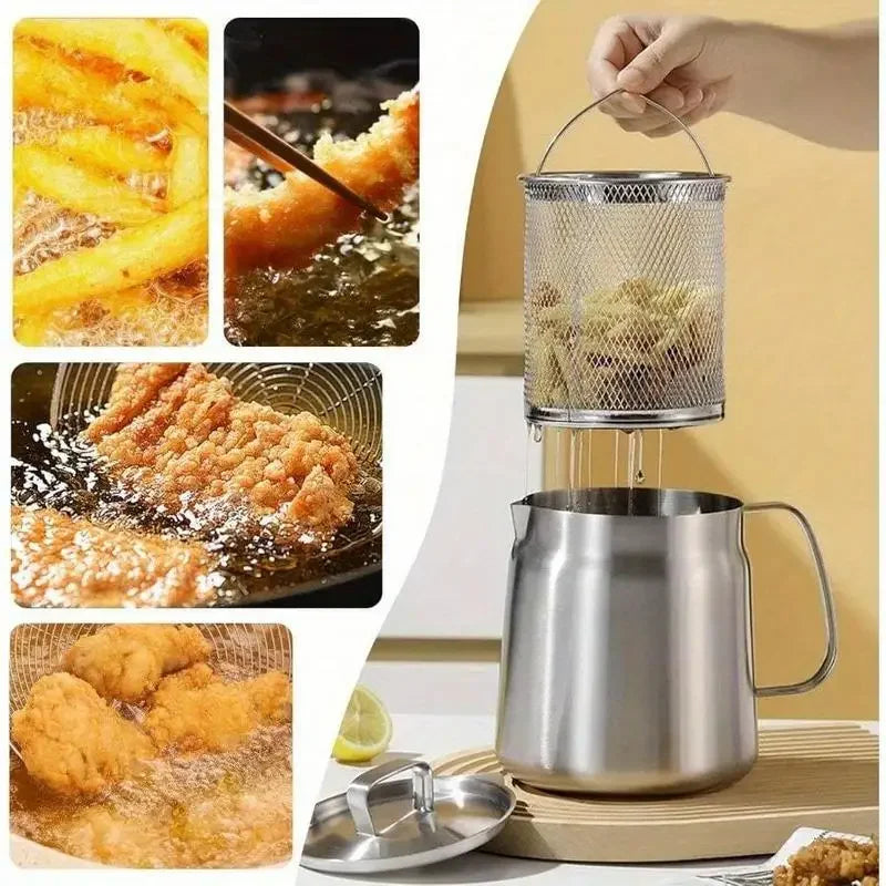 Stainless Steel Fryer Pot With Strainer Basket And Oil Filter