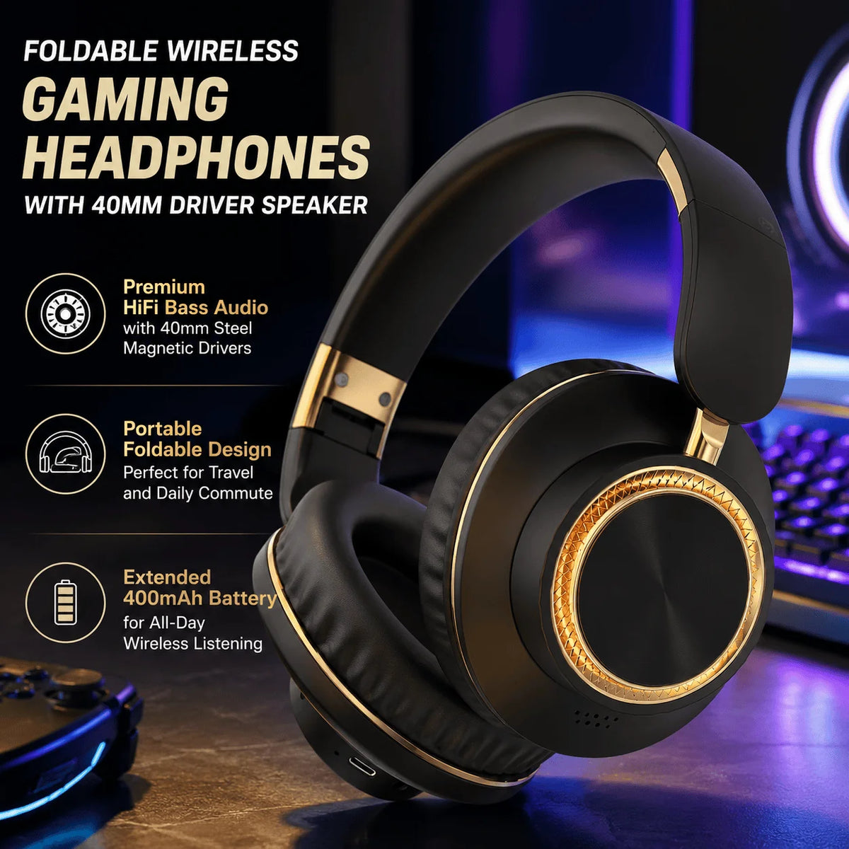 Stonego Foldable Bluetooth Headphones Featuring HiFi Stereo Sound And Comfort